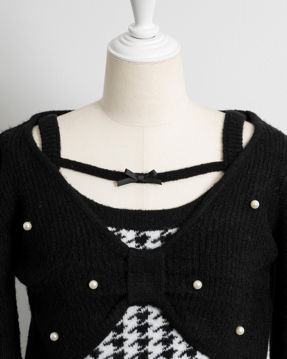 リボンレイヤード千鳥柄ニットワンピ