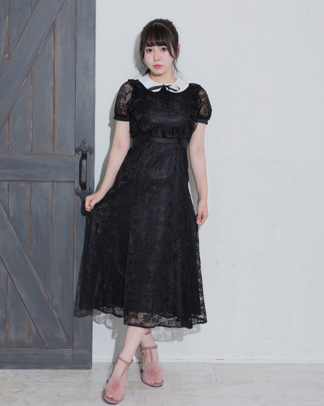 ラウンドフリル総レースロングワンピ