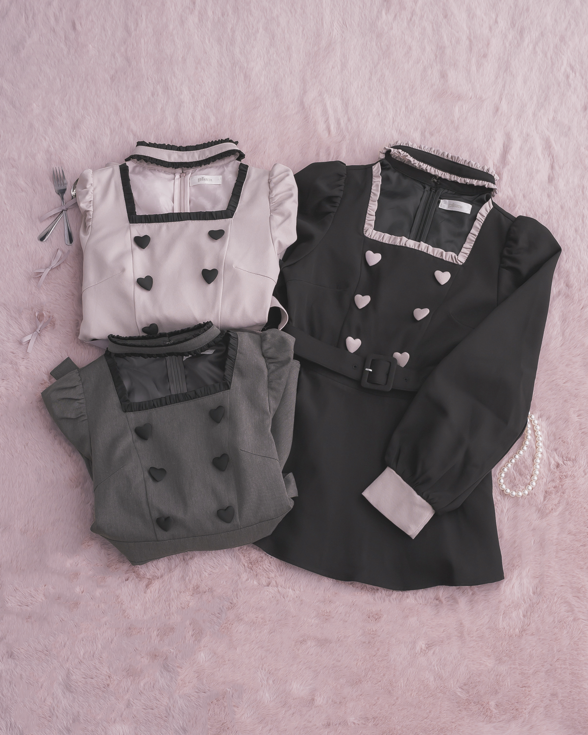 チョーカーフリルハートボタン長袖セットアップ