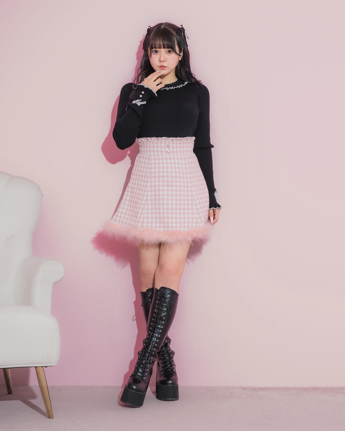 フェザー付きウールフレアスカート