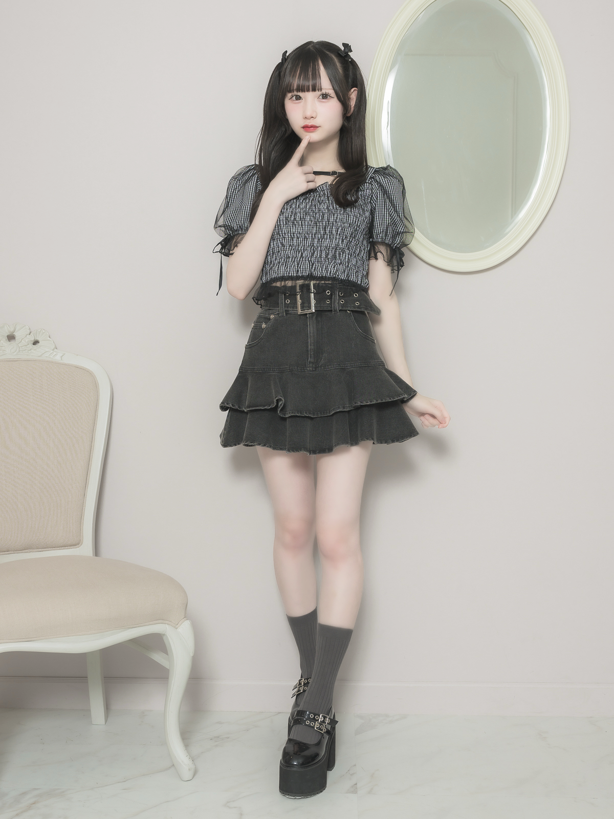 モデル身長:155cm/着用カラー:ブラックギンガム