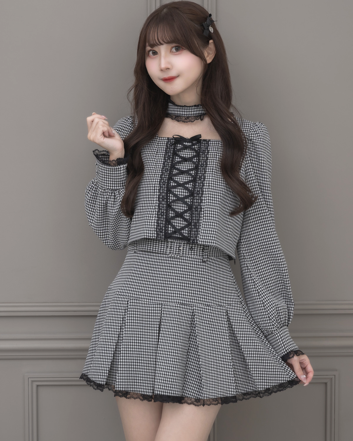 pium サイドクロスチョーカーフレアワンピース グレーチェック pium pium サイドクロスチョーカーフレアワンピース グレーチェック pium