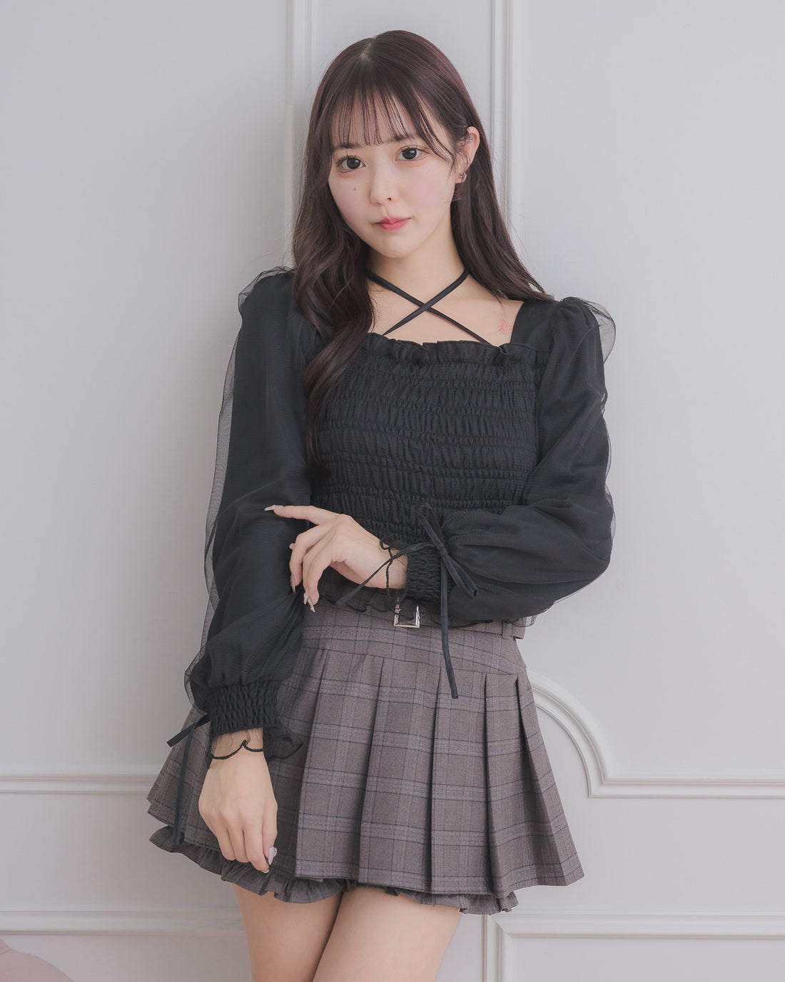 モデル身長:157cm/着用カラー:ブラウンチェック