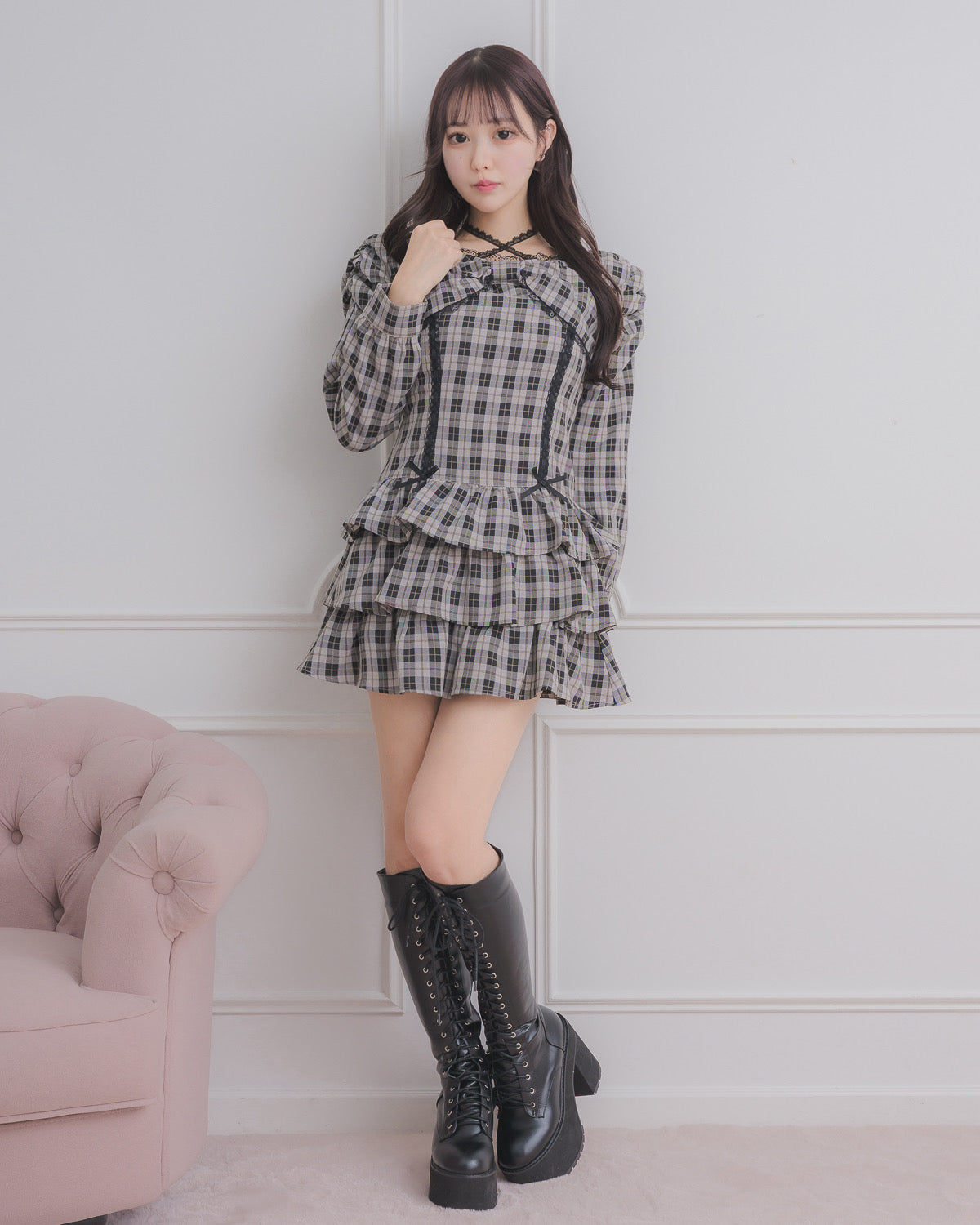 モデル身長:157cm/着用カラー:ベージュチェック