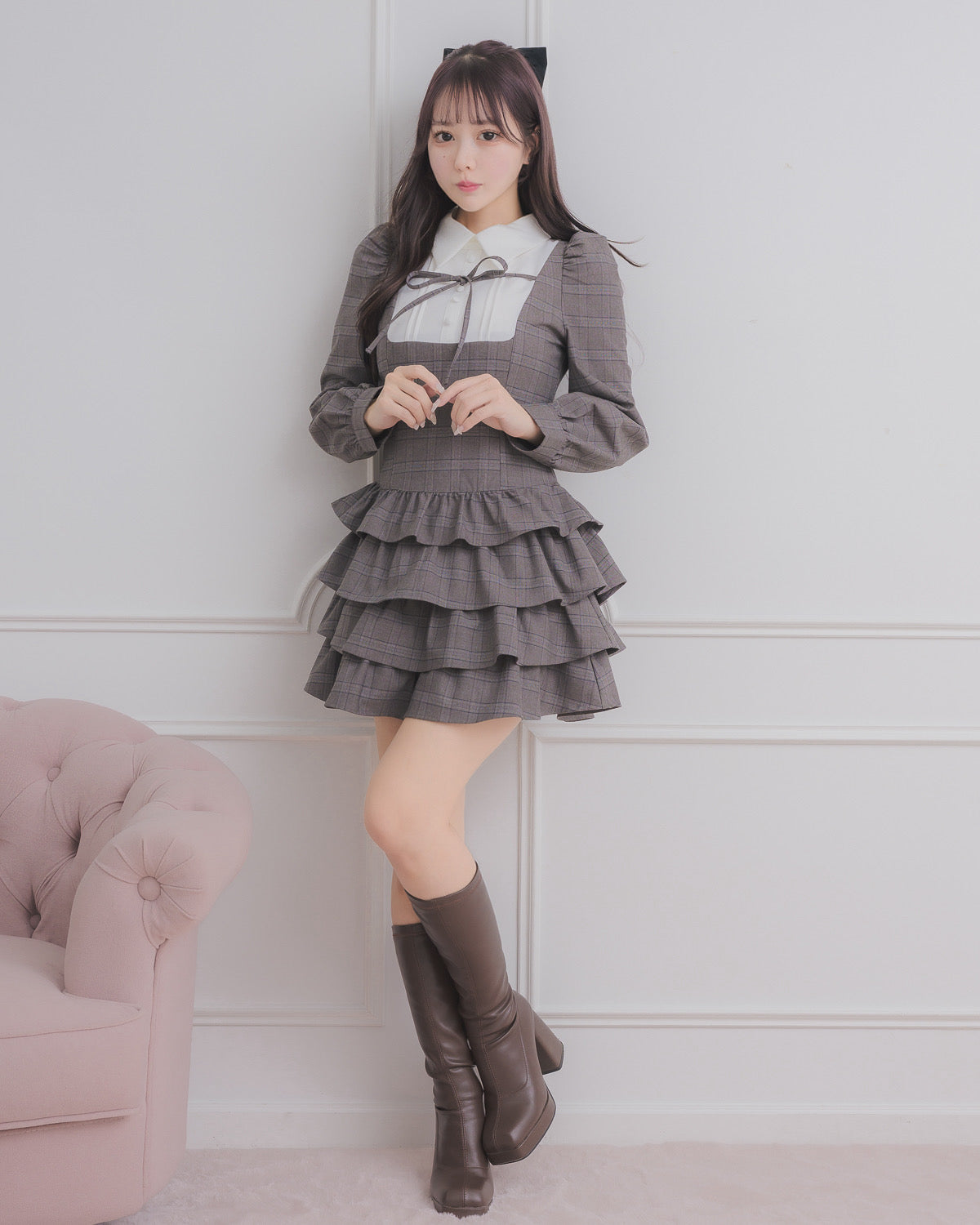 モデル身長:157cm/着用カラー:ブラウンチェック