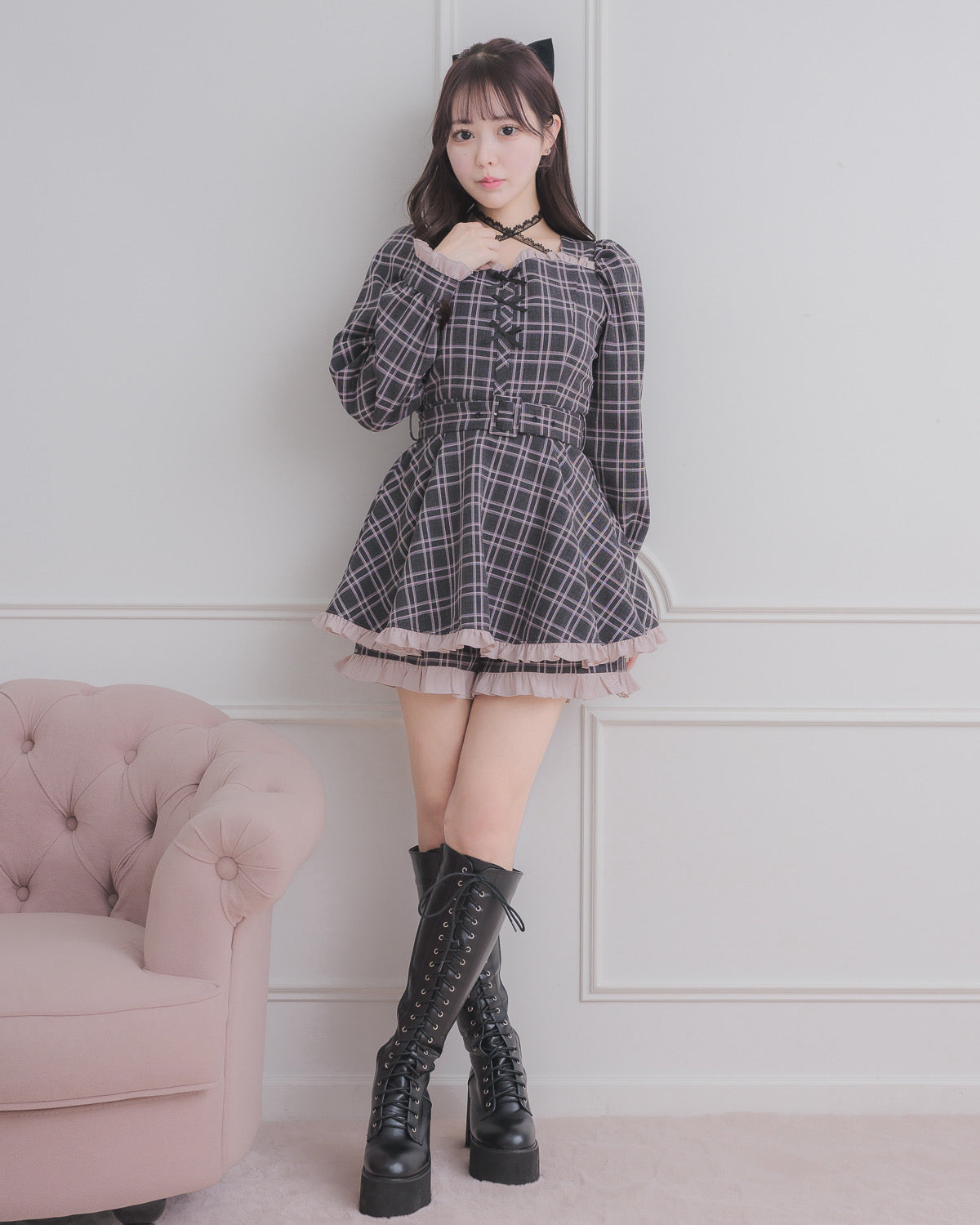 モデル身長:157cm/着用カラー:ブラックチェック