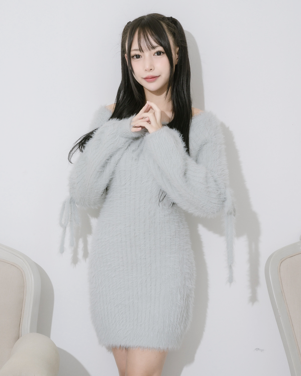M me eme:Feather knit dress2way feather collar mini M me eme:Feather knit dress2way feather collar mini