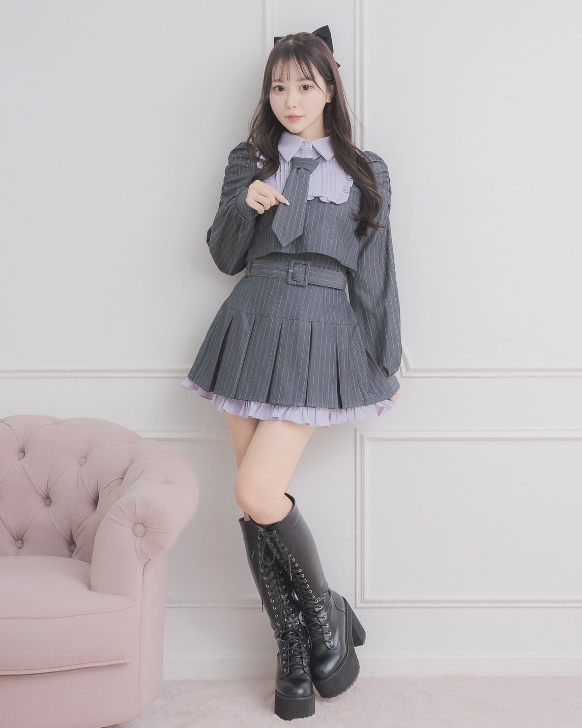 モデル身長:157cm/着用カラー:グレーストライプ