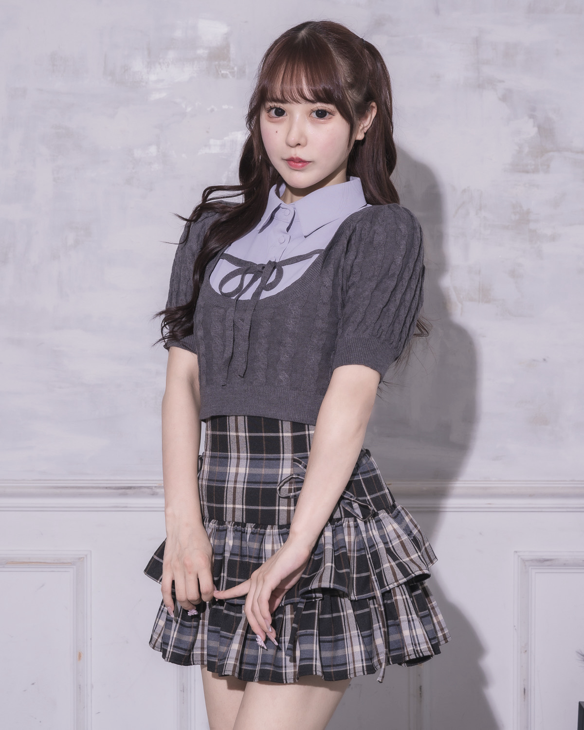 モデル身長:157cm/着用カラー:ブラウンチェック