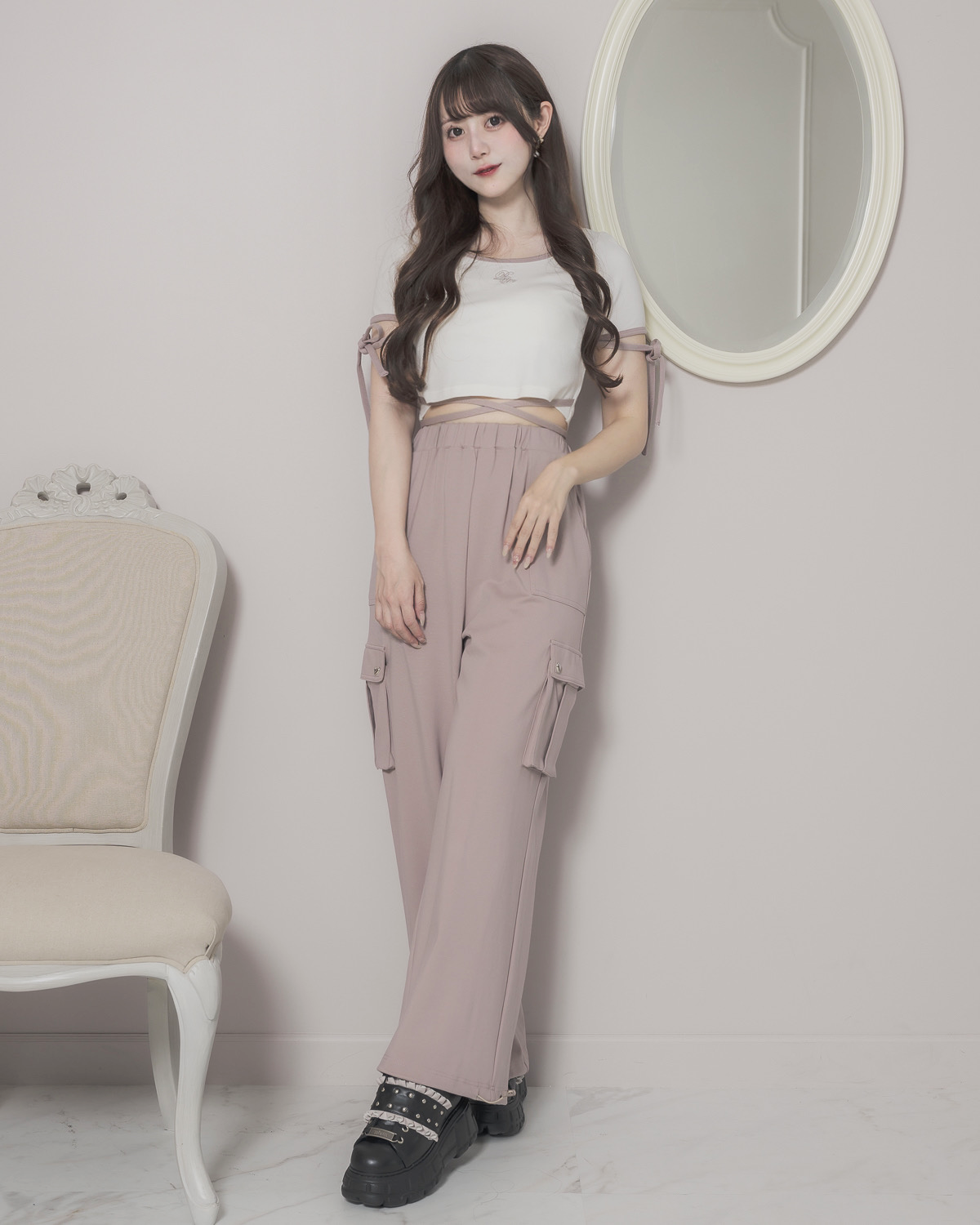 pium バイカラーテープTシャツ ピンク バイカラーテープTシャツ×カーゴパンツセット – pium