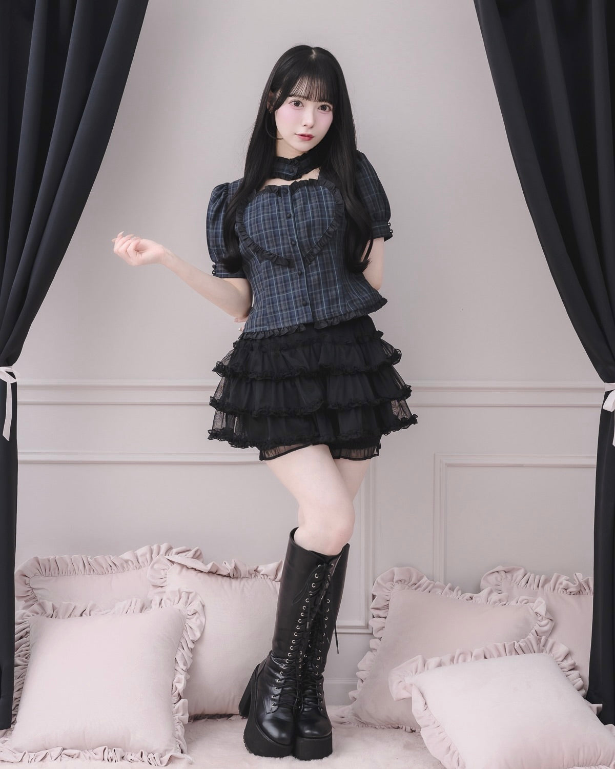 モデル身長:155cm/着用カラー:グリーンチェック