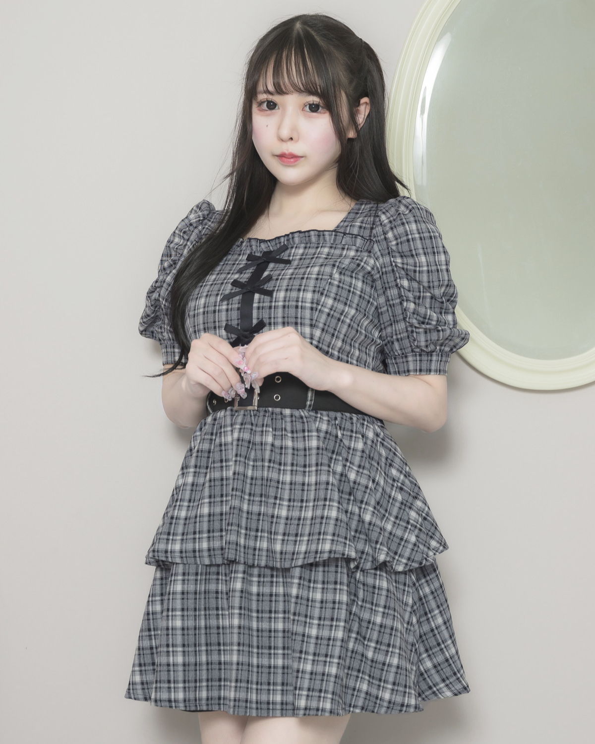 pium クロスベルト半袖ティアードミニワンピース ネイビー pium クロスベルト半袖ティアードミニワンピース ネイビー