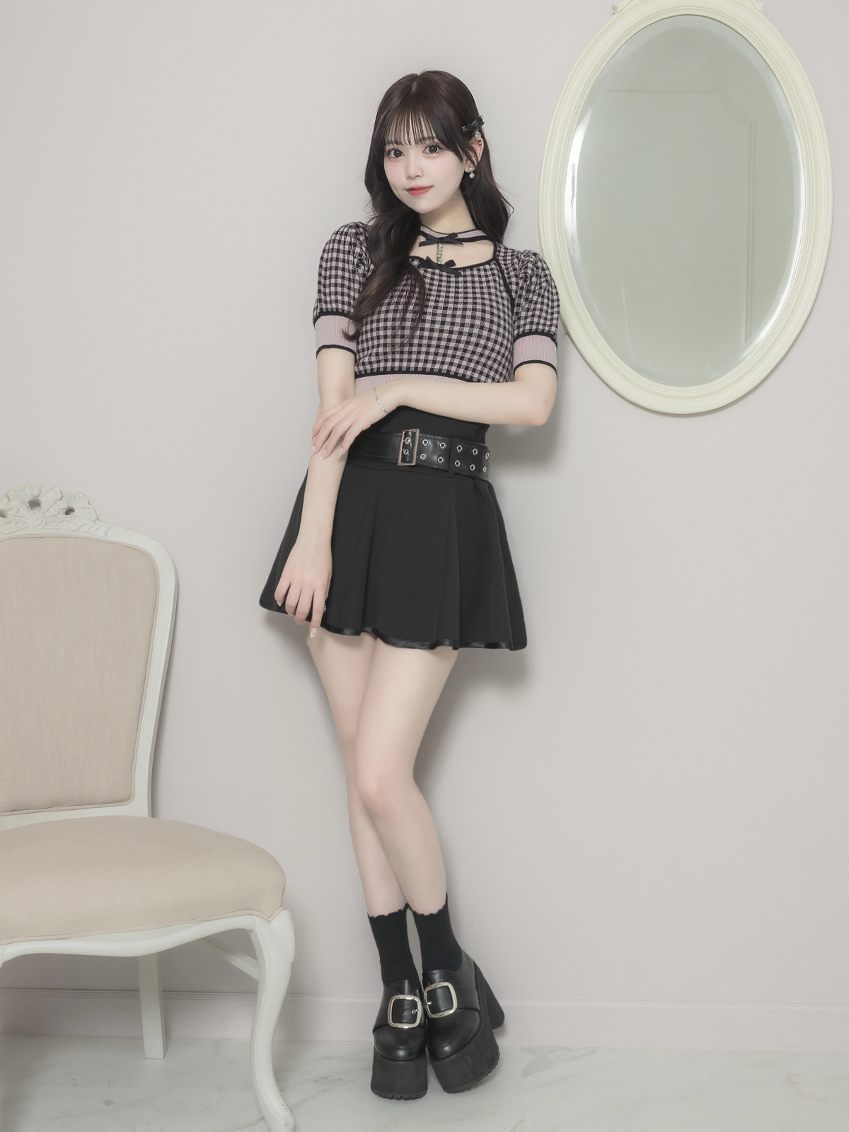 モデル身長:163cm/着用カラー:ピンク×ブラックギンガム