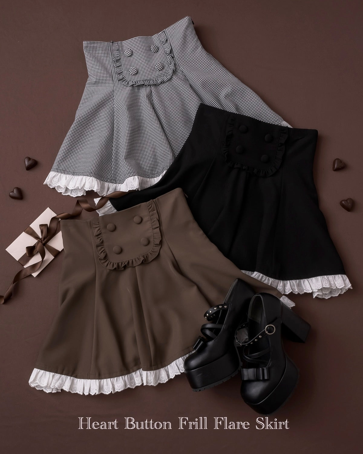 ハートボタンフリルフレアスカート – pium