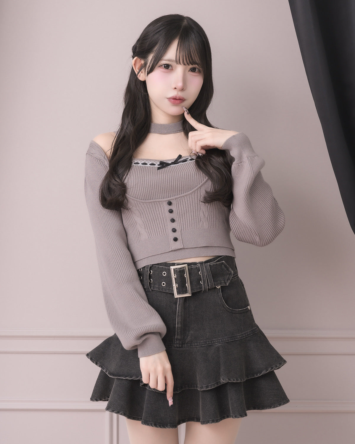 ベルト付きティアードデニムスカート – pium
