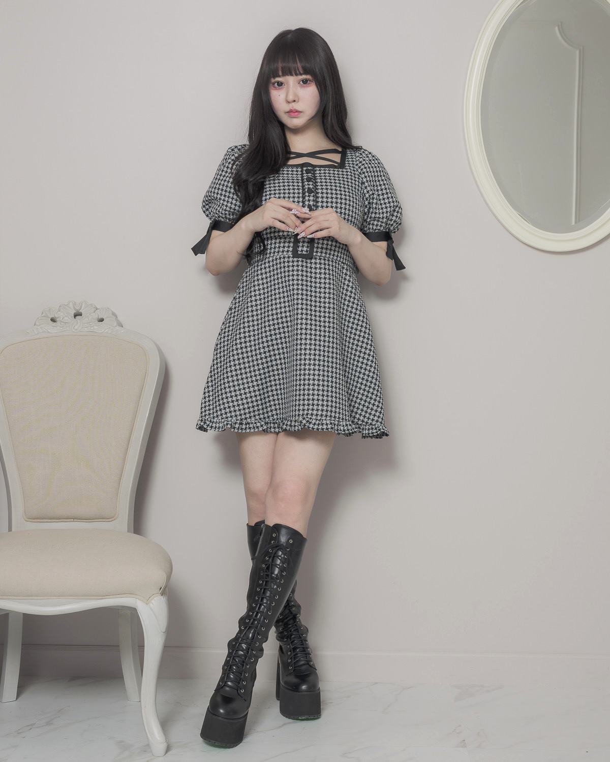 千鳥柄ジャガードベルトミニワンピース – pium 千鳥柄ジャガードベルトミニワンピース – pium