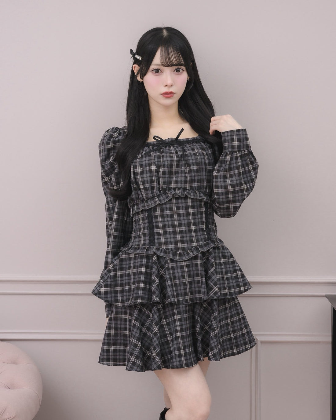 モデル身長:155m/着用カラー:ブラックチェック