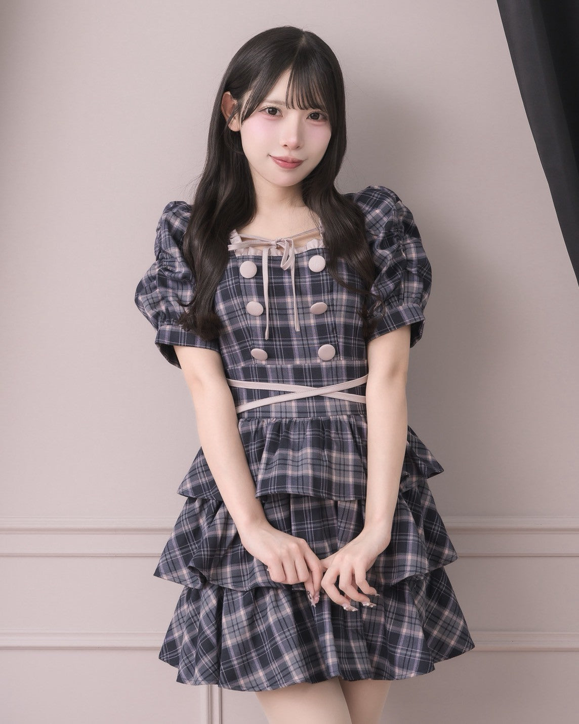 pium ぴうむ クロスベルト半袖ティアードミニワンピース ネイビー クロスベルト半袖ティアードミニワンピース – pium