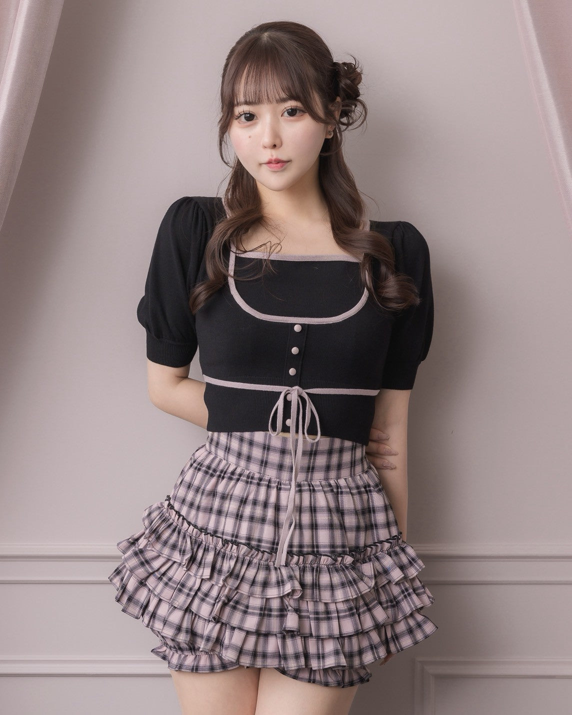 モデル身長:157cm/着用カラー:ピンクチェック