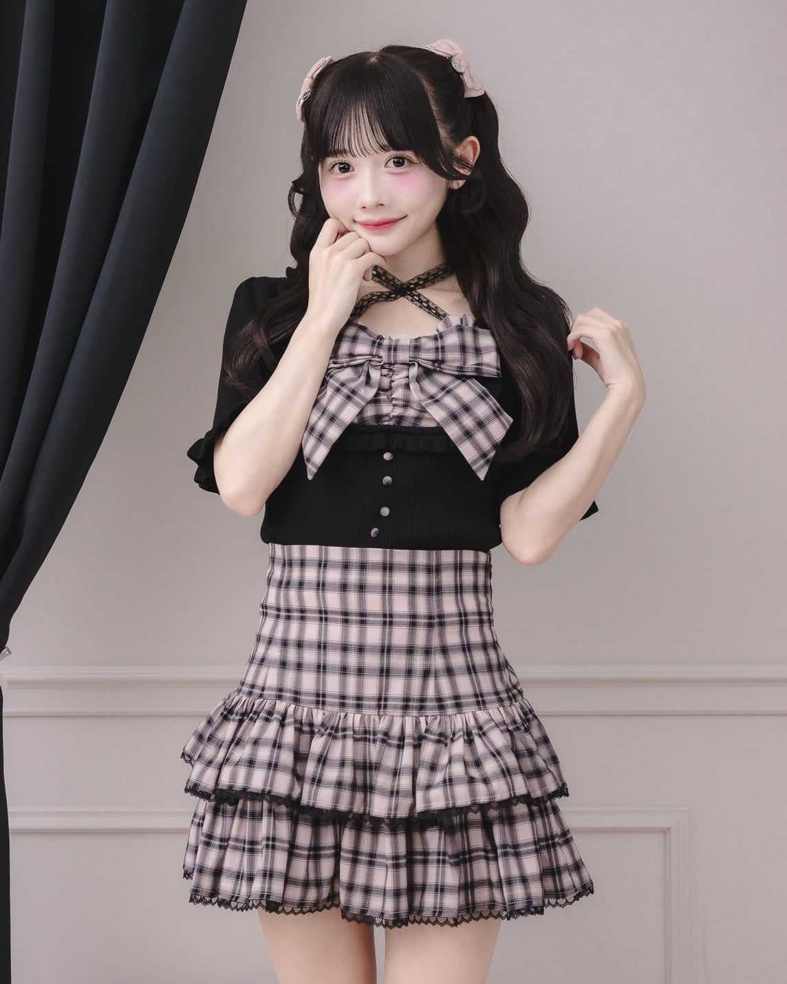 モデル身長:151cm/着用カラー : ピンクチェック