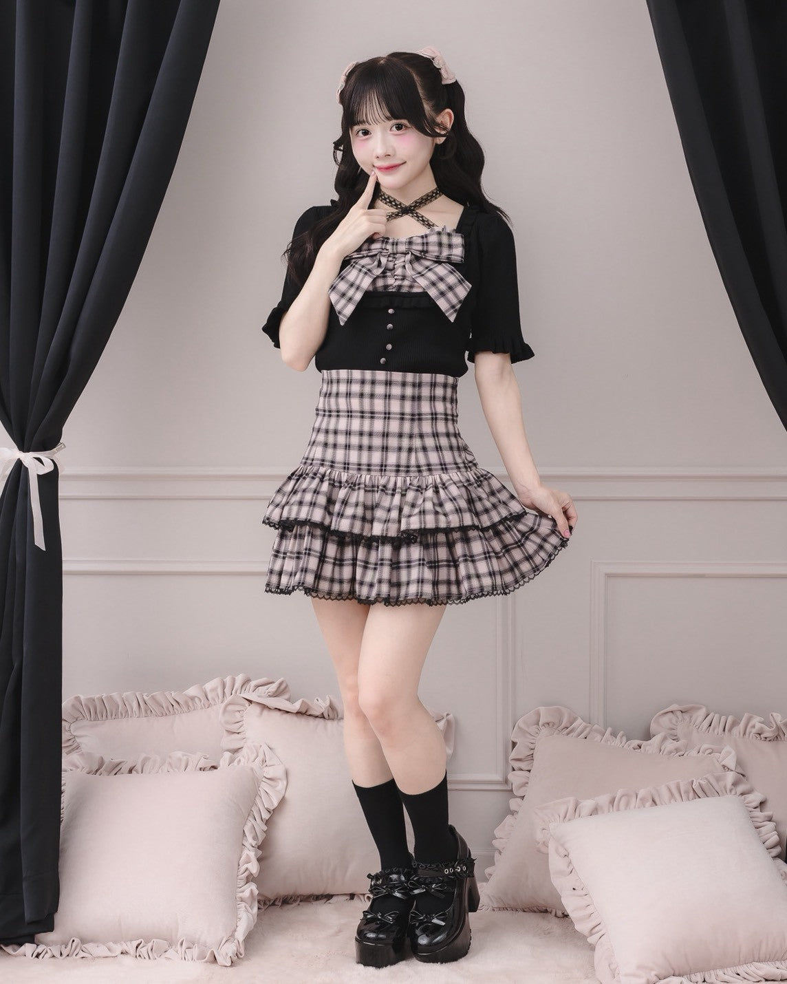 モデル身長:151cm/着用カラー : ピンクチェック