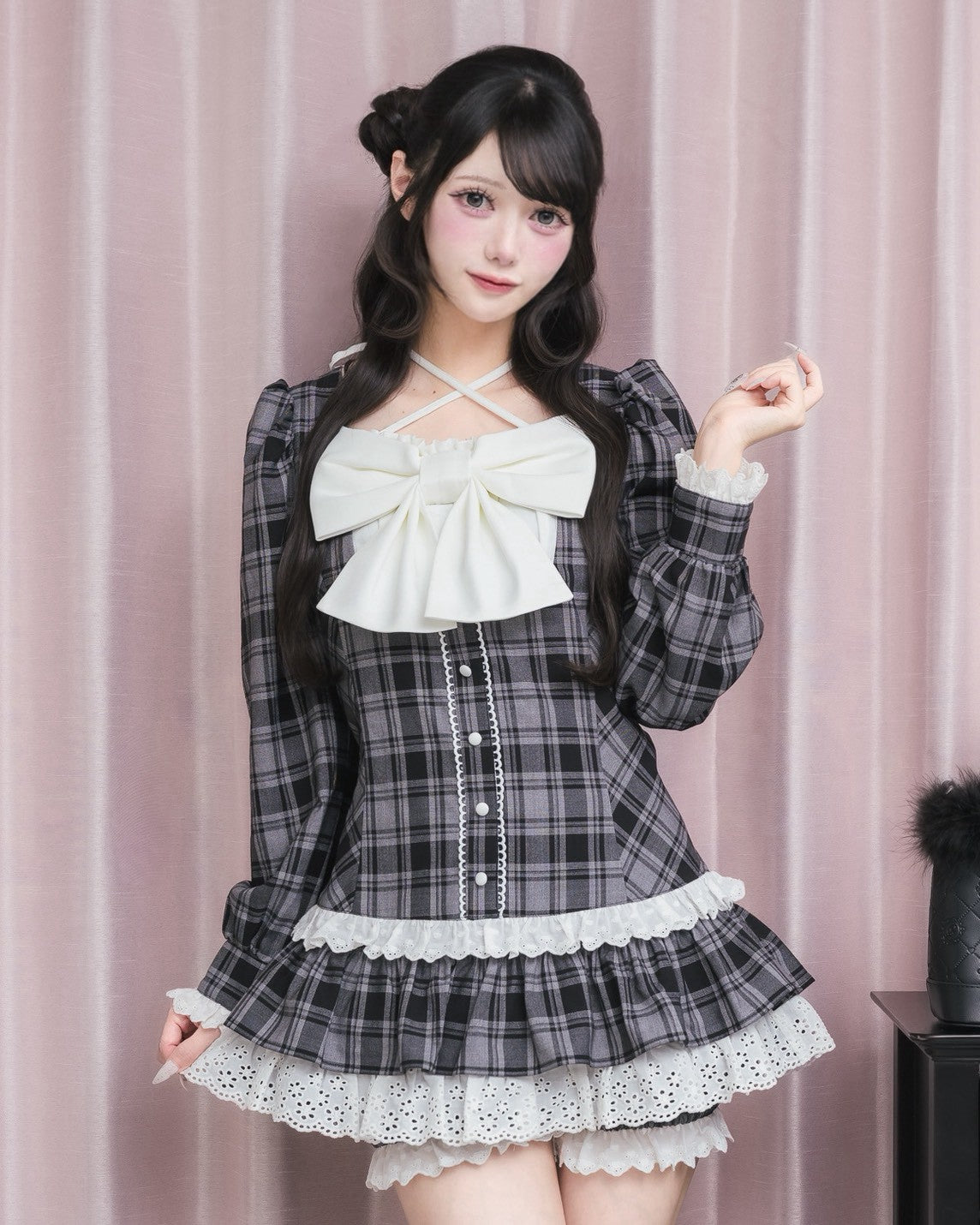 モデル身長:154cm/着用カラー:ブラックチェック