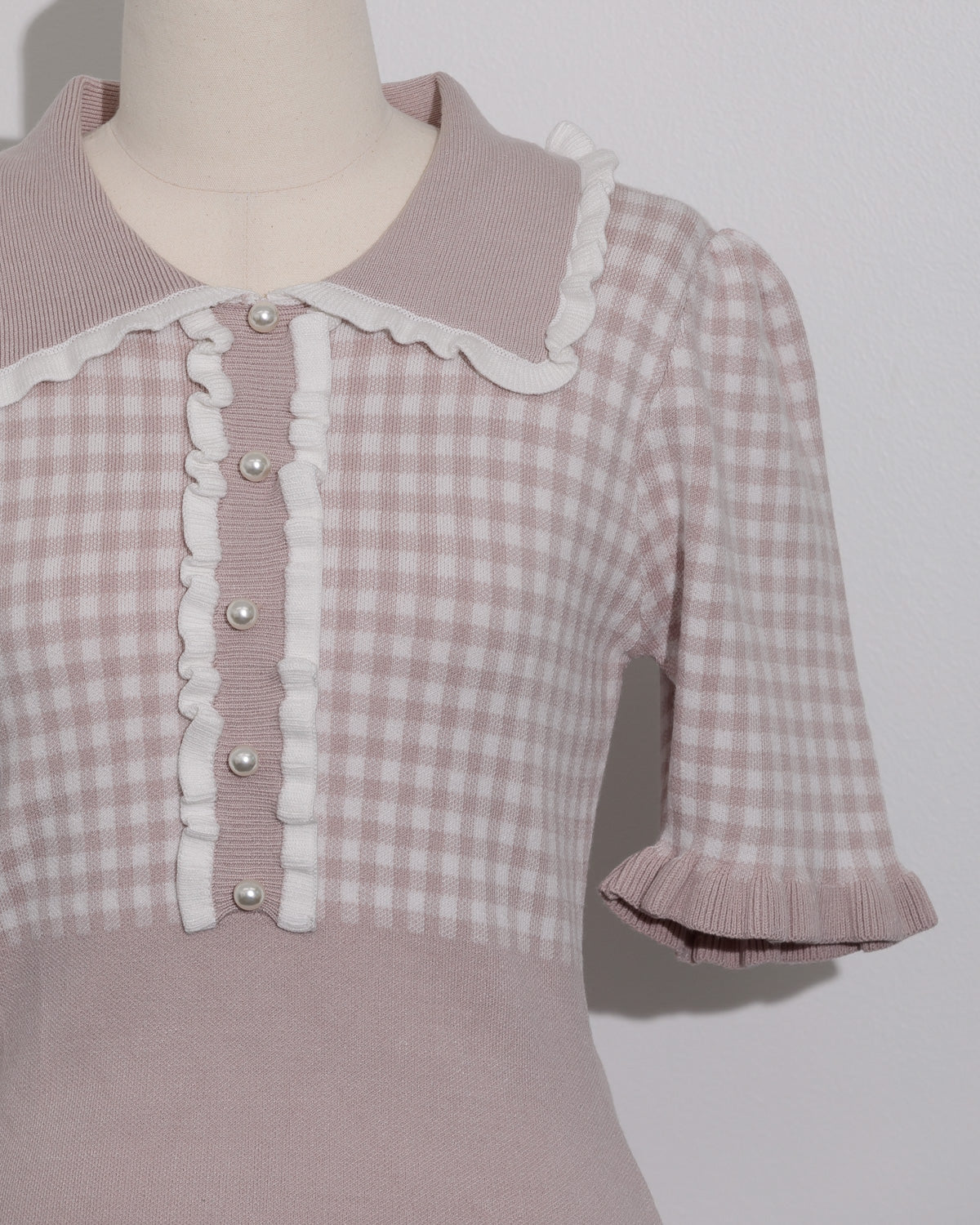 フリルカラーギンガムニットワンピース