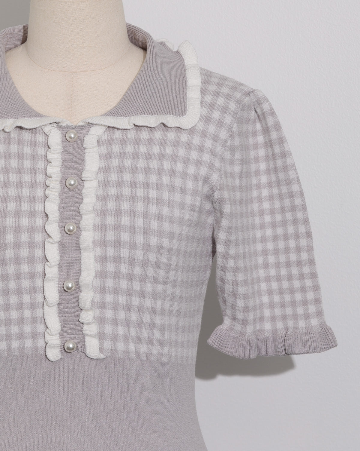 フリルカラーギンガムニットワンピース