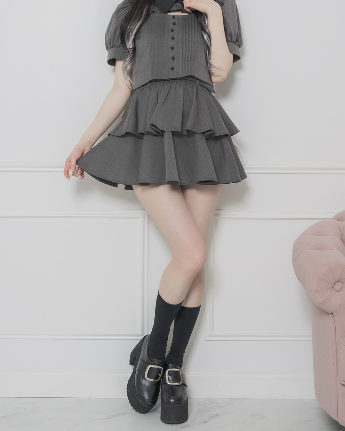 ベルト付きティアードミニスカート