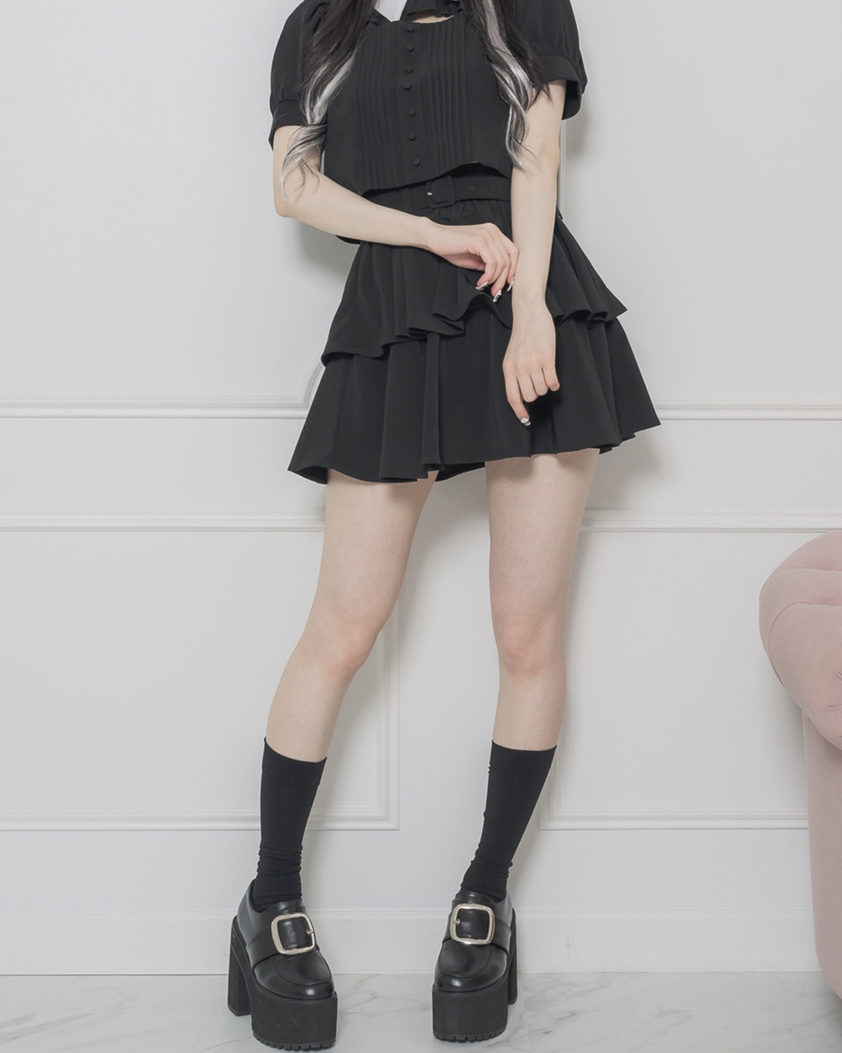 ベルト付きティアードミニスカート