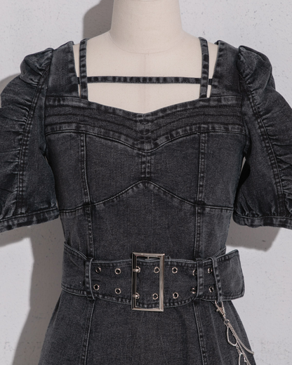 新品タグ付きクロステープベルトミニワンピースブラックデニムピウムpium 新品タグ付きクロステープベルトミニワンピースブラックデニムピウムpium