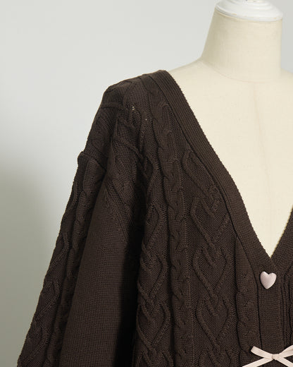 ハートボタンケーブルロングカーデ