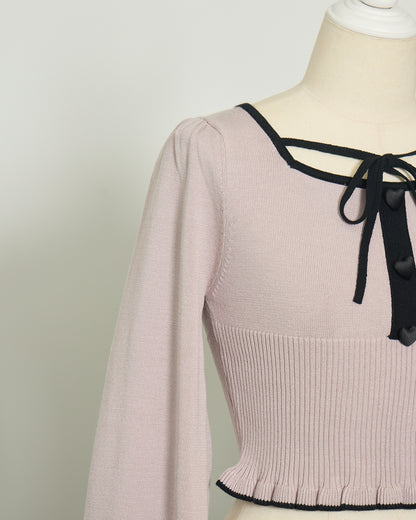 ウエストリブハートボタンニット