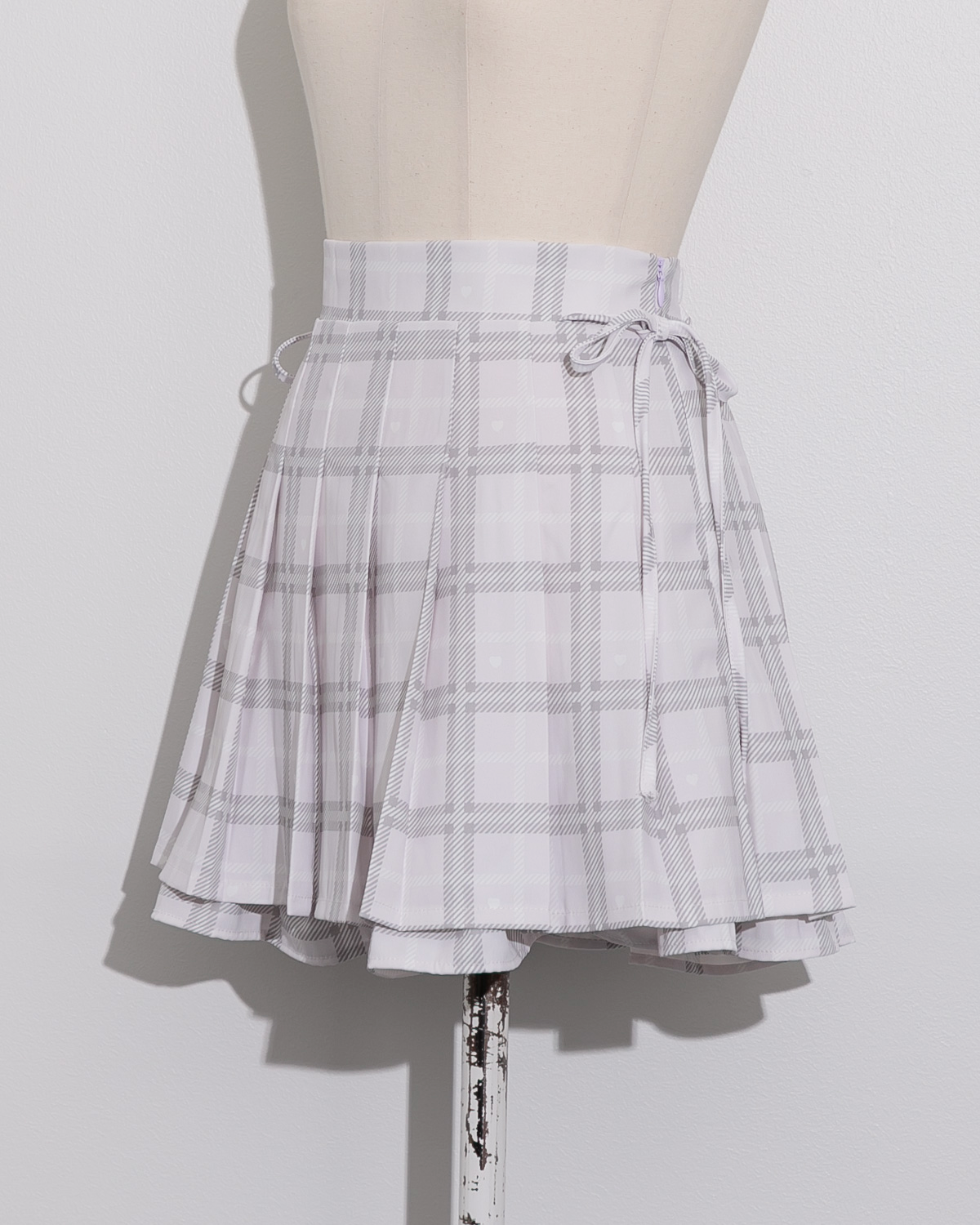 piumハートチェックサイドリボンプリーツスカート