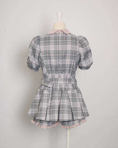 ネクタイ付きプリーツ半袖セットアップ