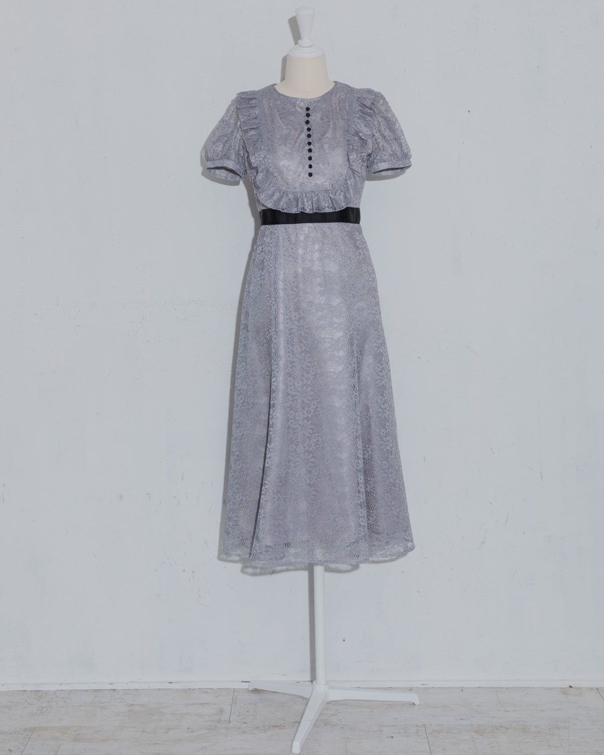 ラウンドフリル総レースロングワンピ