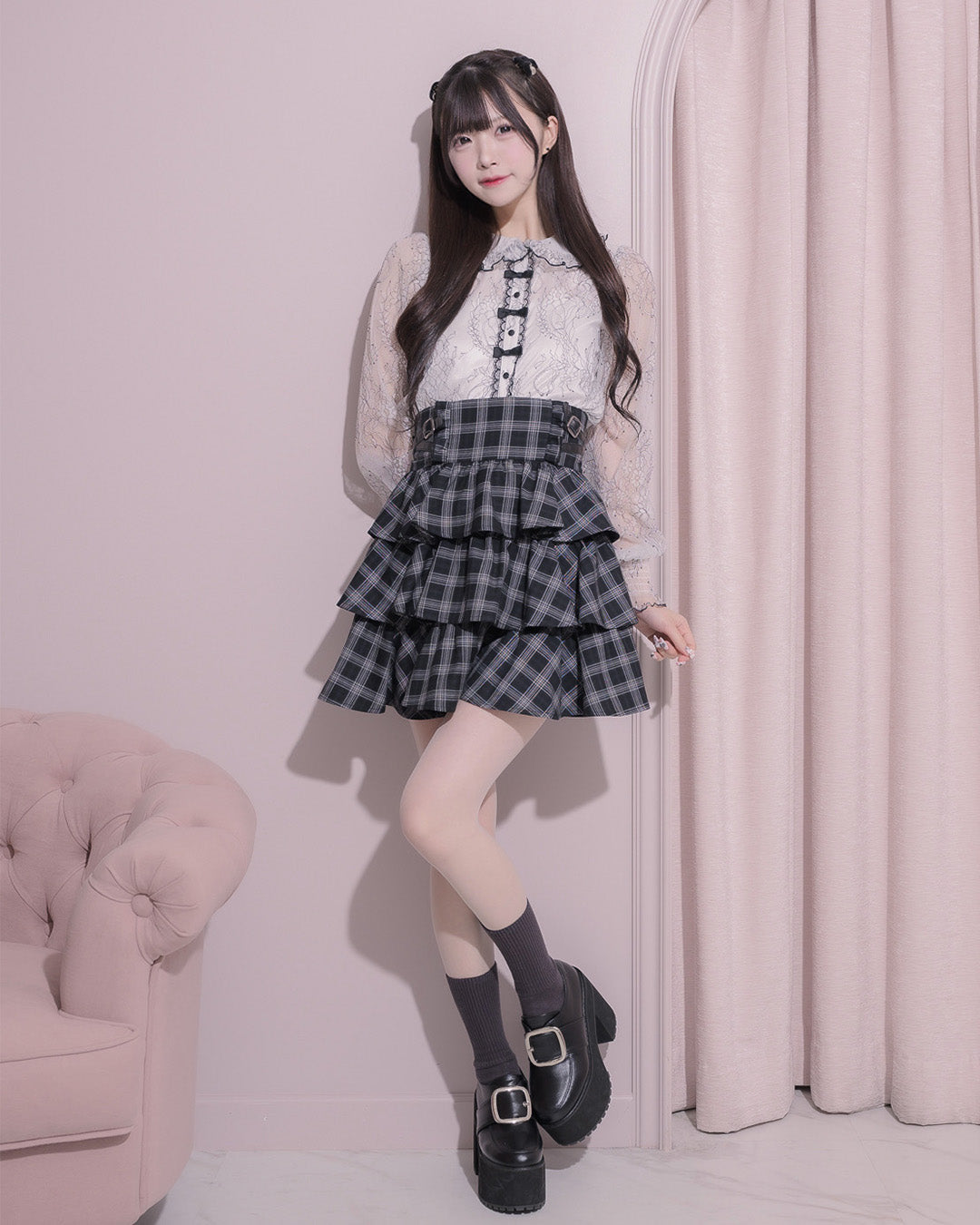 モデル身長:161cm/着用カラー:ブラックチェック