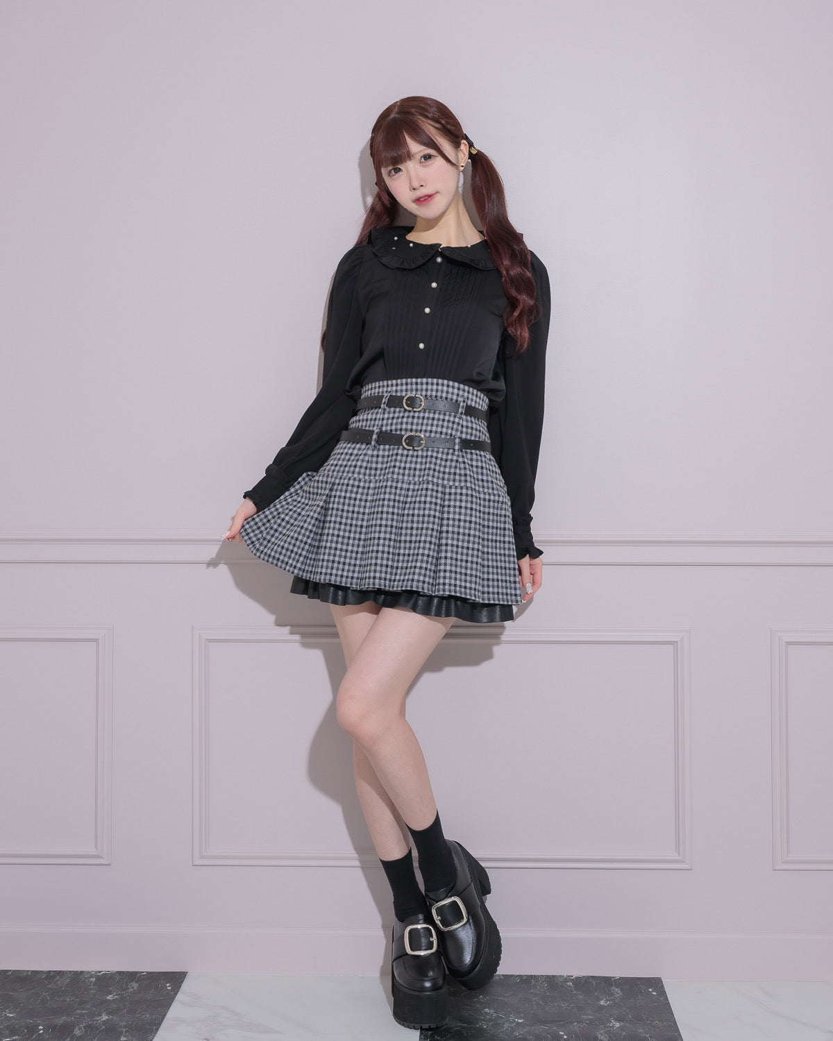 ダブルベルトプリーツミニスカート