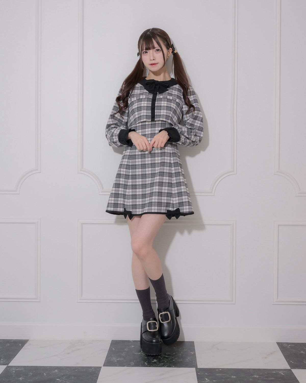 バイカラーリボンレイヤードフレアワンピ