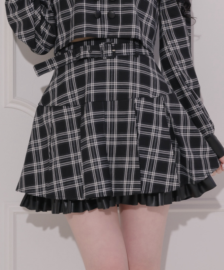 レザーフリルボックスプリーツミニスカート