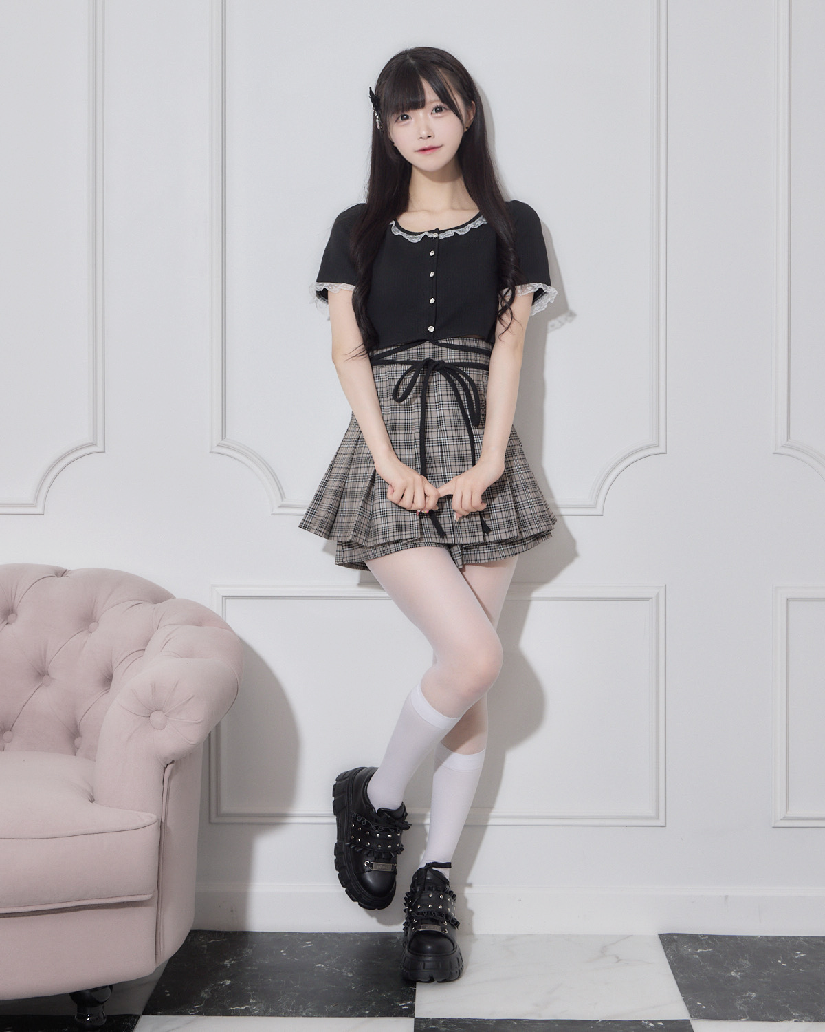 モデル身長:161cm/着用カラー:ベージュチェック