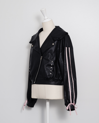 pium フリル付きブラックレザージャケット 美品 pium フリル付きブラックレザージャケット 美品