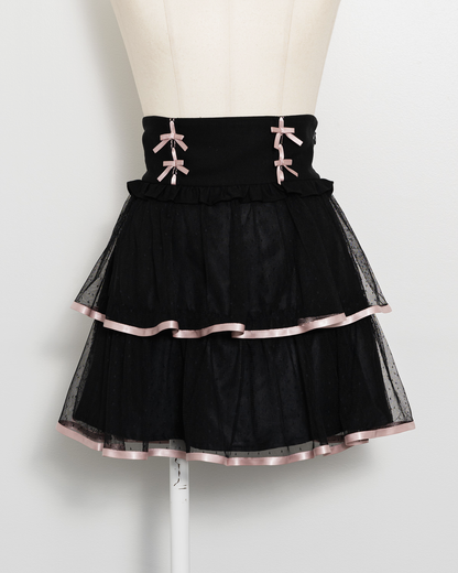 pium コルセットボリュームフリルスカート ドットチュールフリルティアードスカート – pium