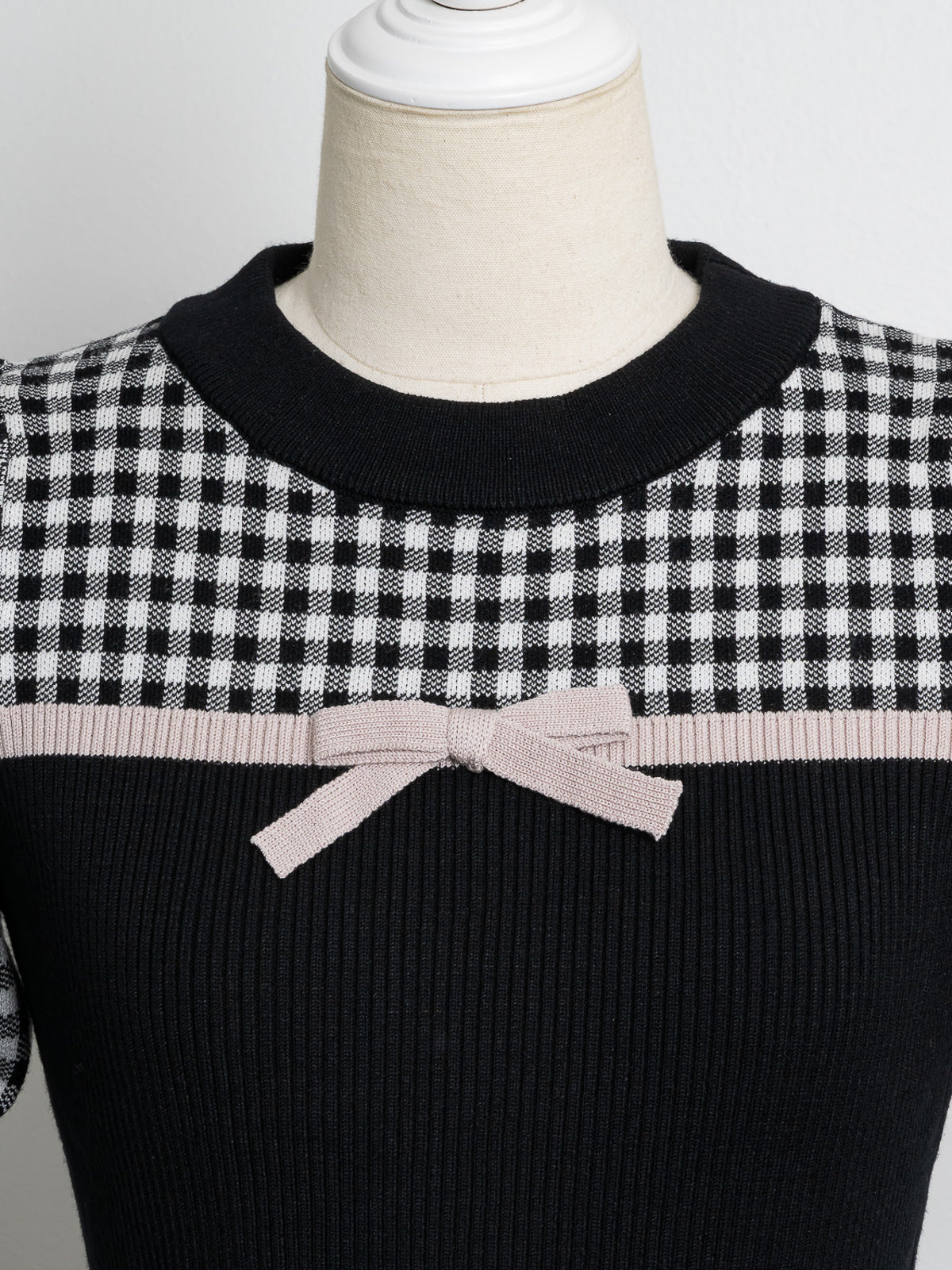 リボンテープギンガムニットトップス