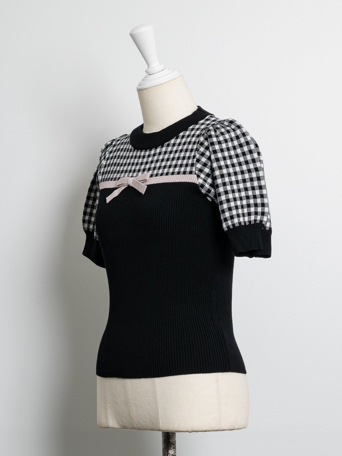 リボンテープギンガムニットトップス