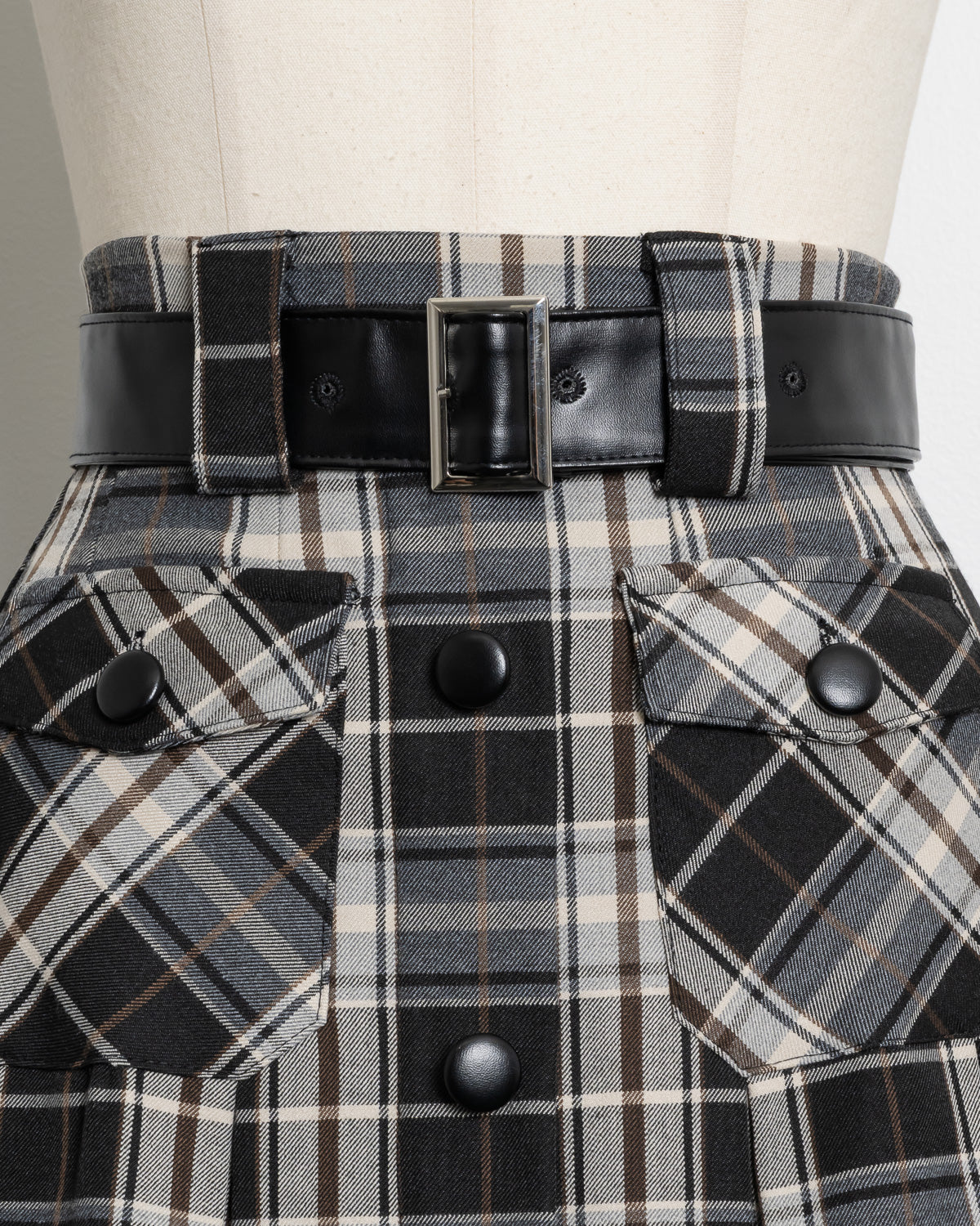 レザーベルトチェックプリーツミニスカート