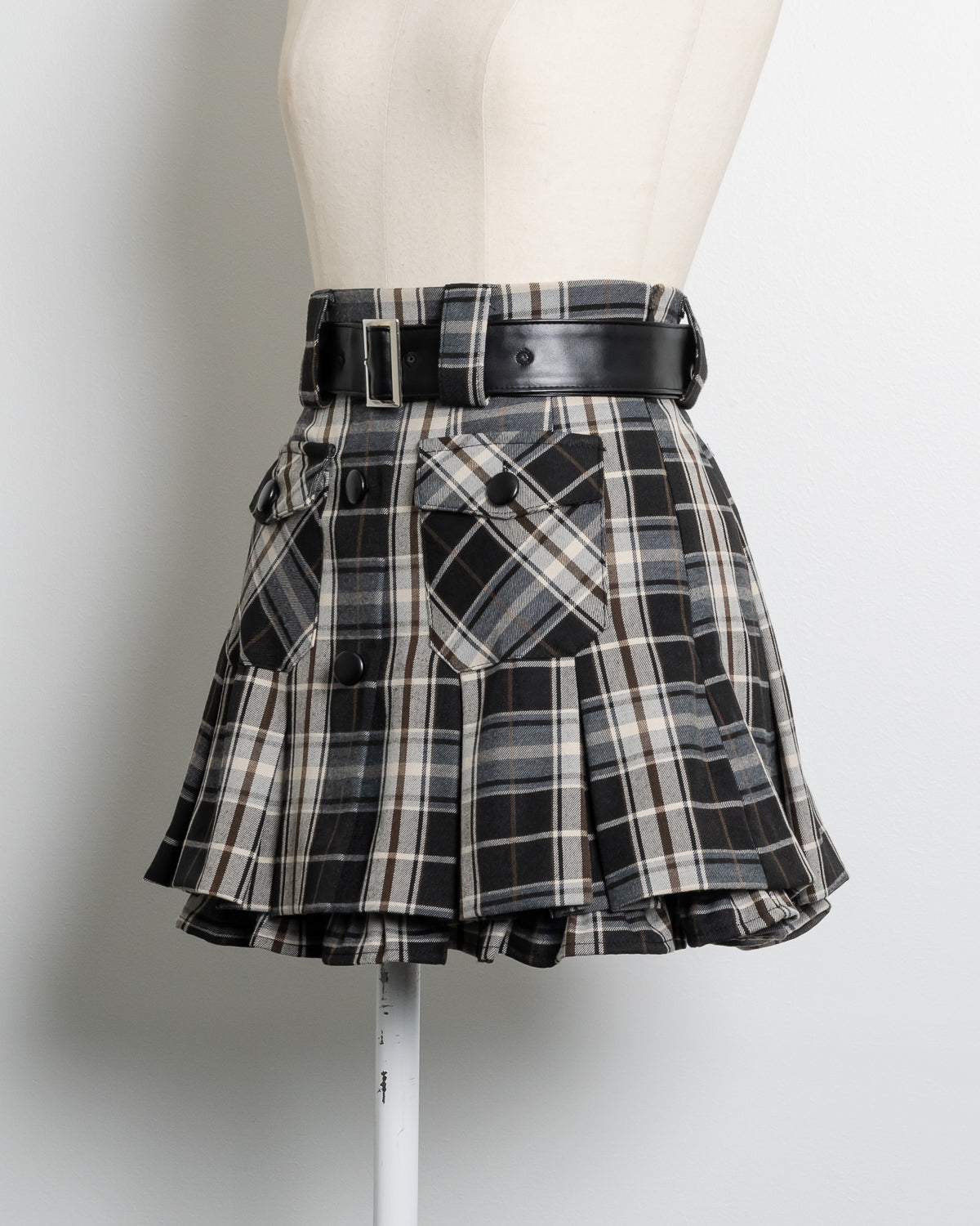 レザーベルトチェックプリーツミニスカート