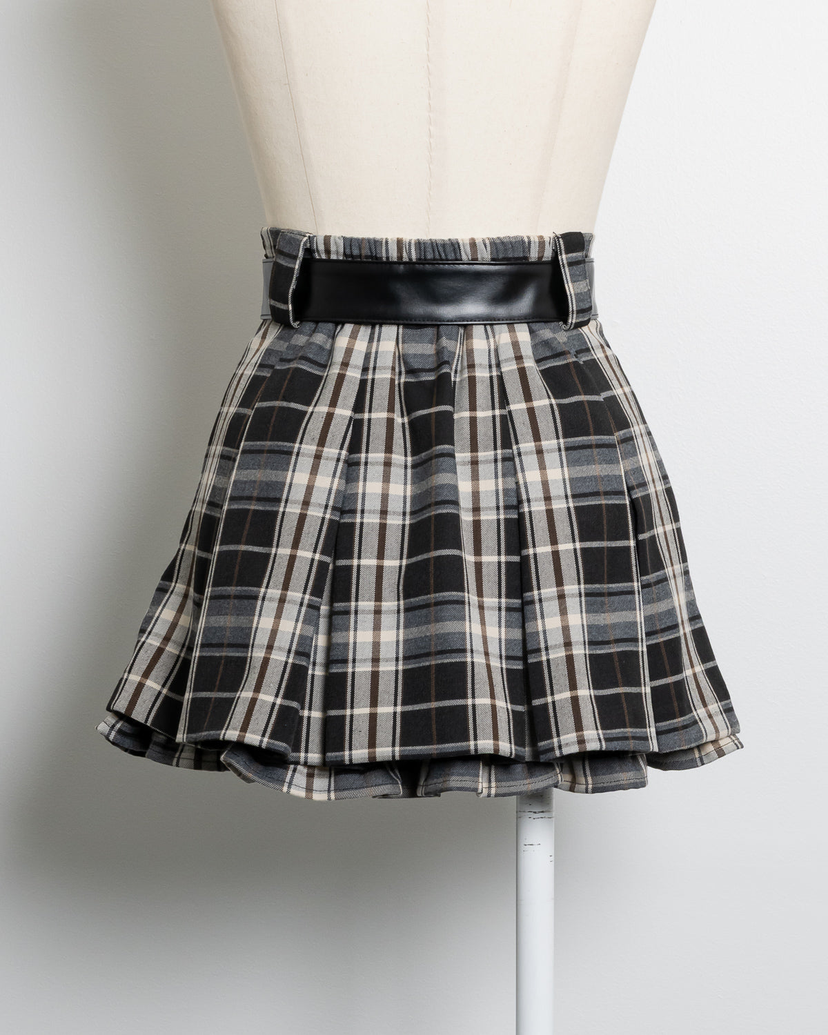 レザーベルトチェックプリーツミニスカート