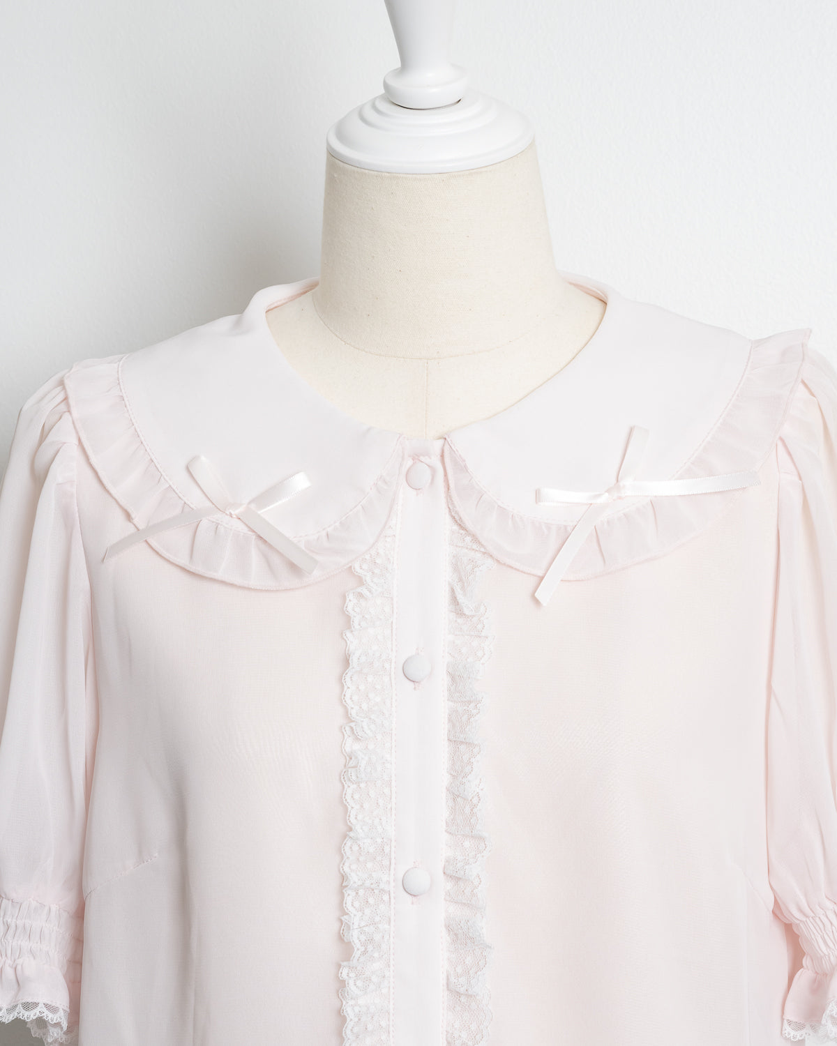 フリルカラーリボンシフォン半袖ブラウス