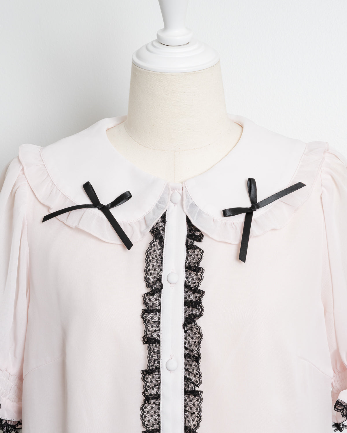 フリルカラーリボンシフォン半袖ブラウス